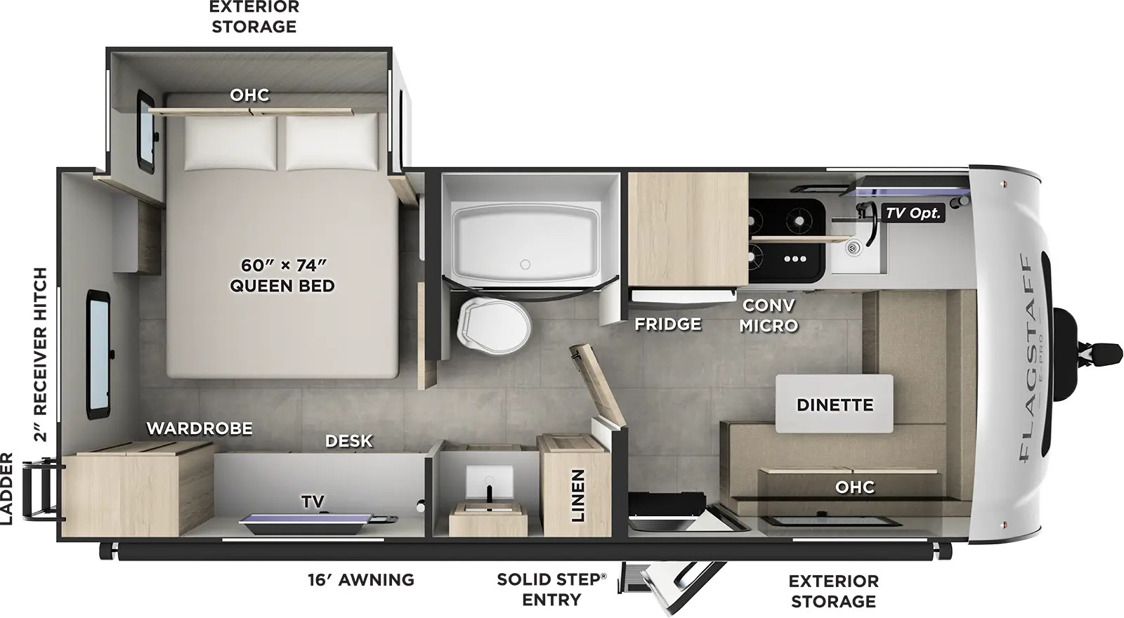 The Flagstaff E-Pro E20BS floorplan has one entry and one slide out. Exterior features include: fiberglass exterior and 16' awning. Interiors features include: rear bedroom and pass through bathroom.